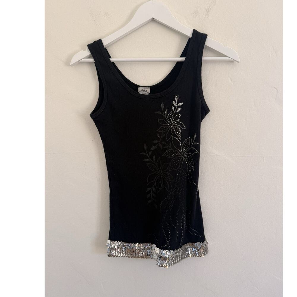 Y2K Black Embellished Tank With Sequin Trim and Floral Graphic